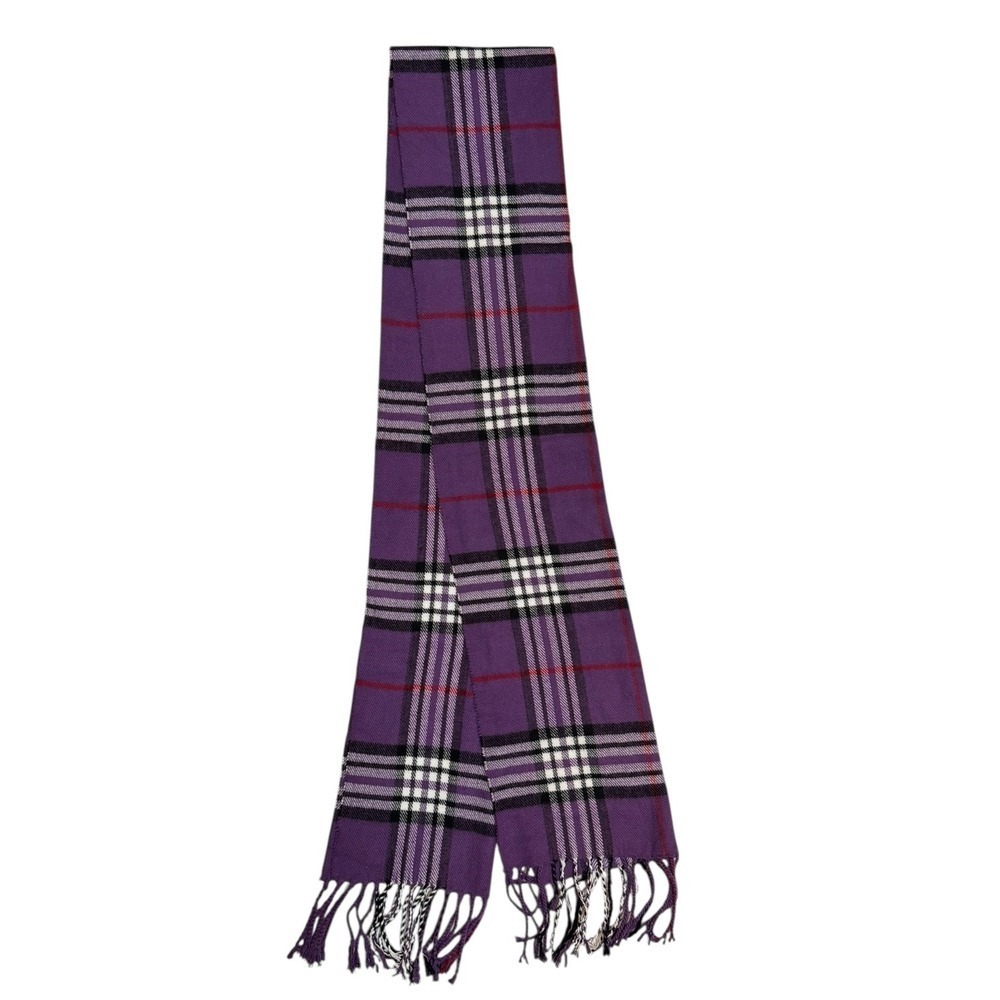 Vintage 100% Cashmere Scarf Made in Scotland Purple Plaid Check Fringe Soft - Picture 5 of 6